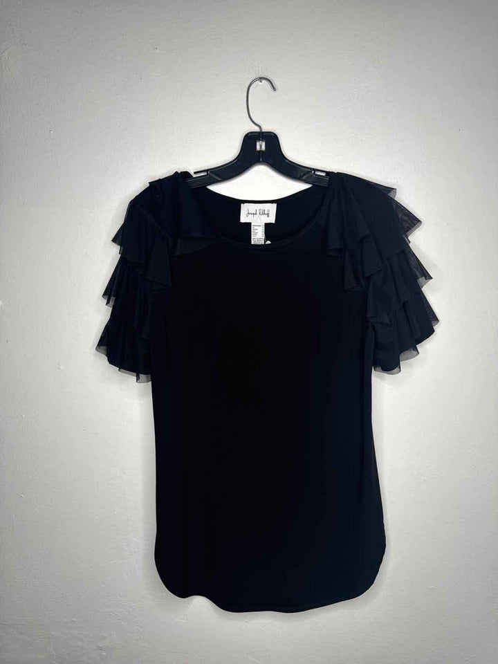 Joseph Ribkoff Size 12 Black Scoop Neck Flutter Sleeve short sleeve top