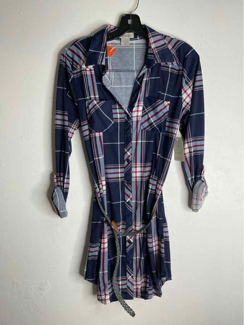 Passport Size M Blue Plaid long sleeve dress