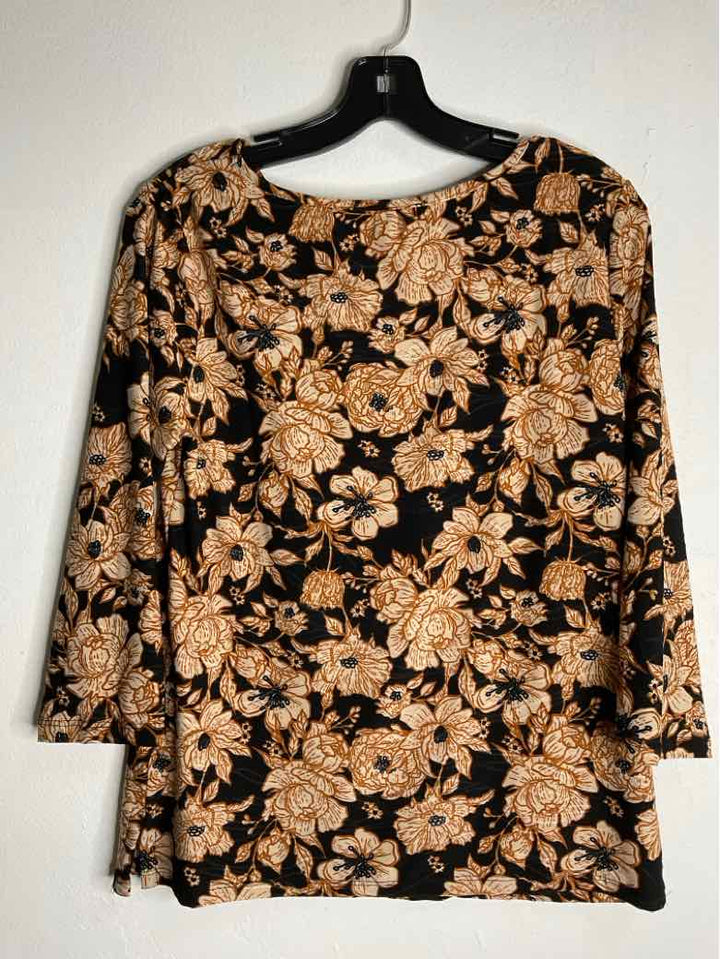 Emily Daniels Size S Black Scoop Neck Floral long sleeve top