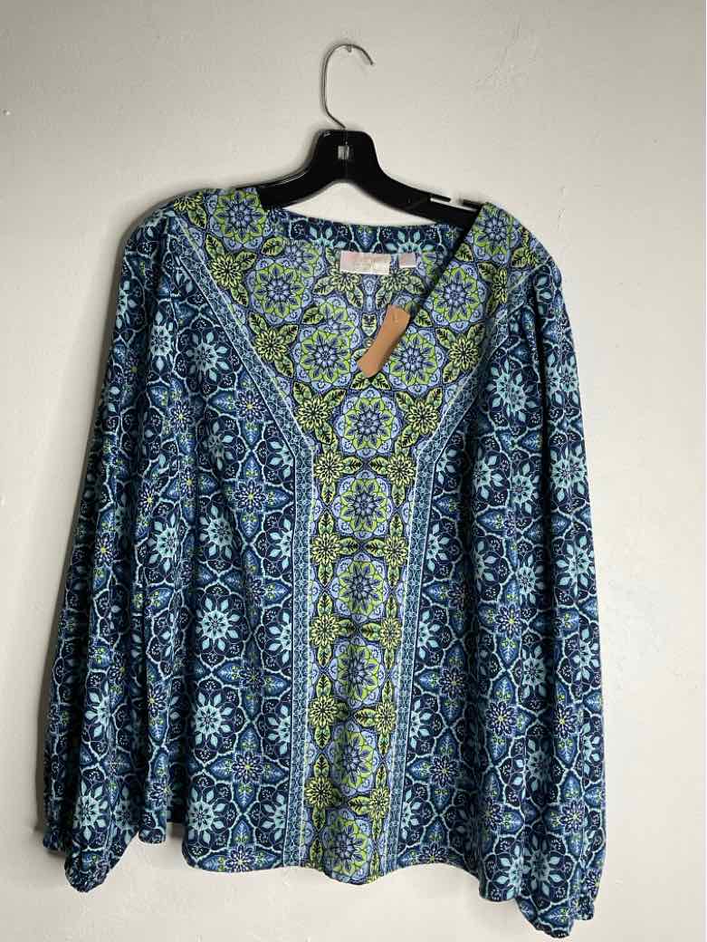 belle Kim Gravel Size L Blue V-neck Floral long sleeve top