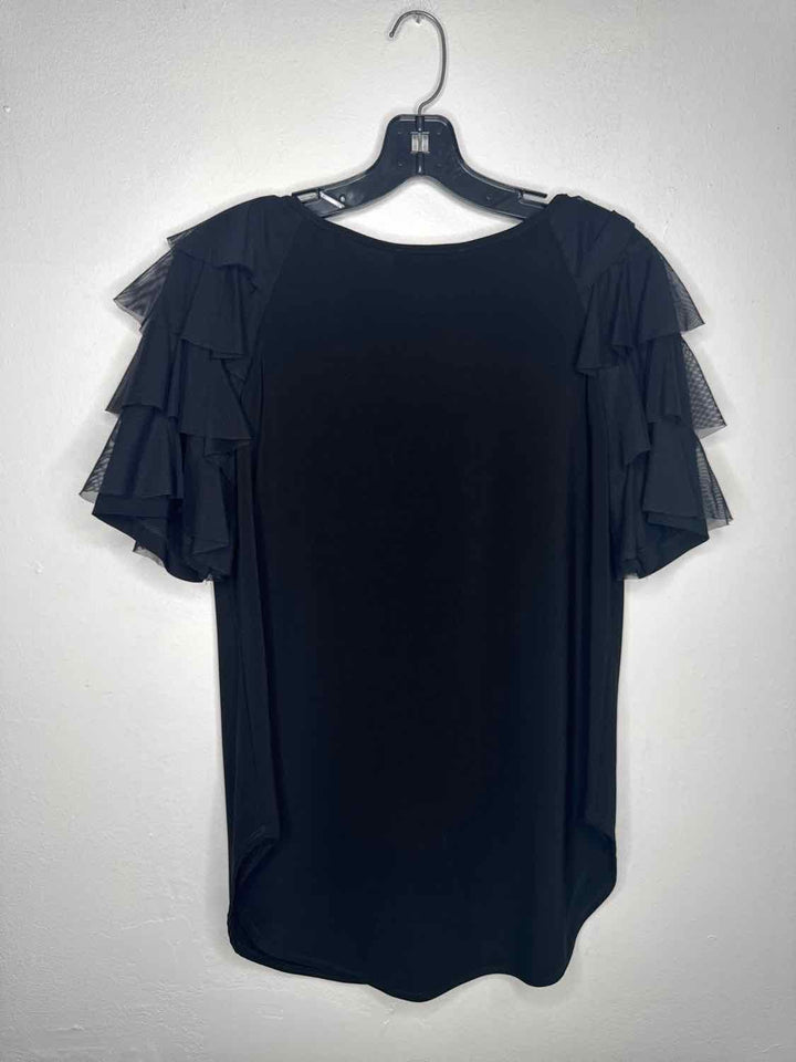 Joseph Ribkoff Size 12 Black Scoop Neck Flutter Sleeve short sleeve top