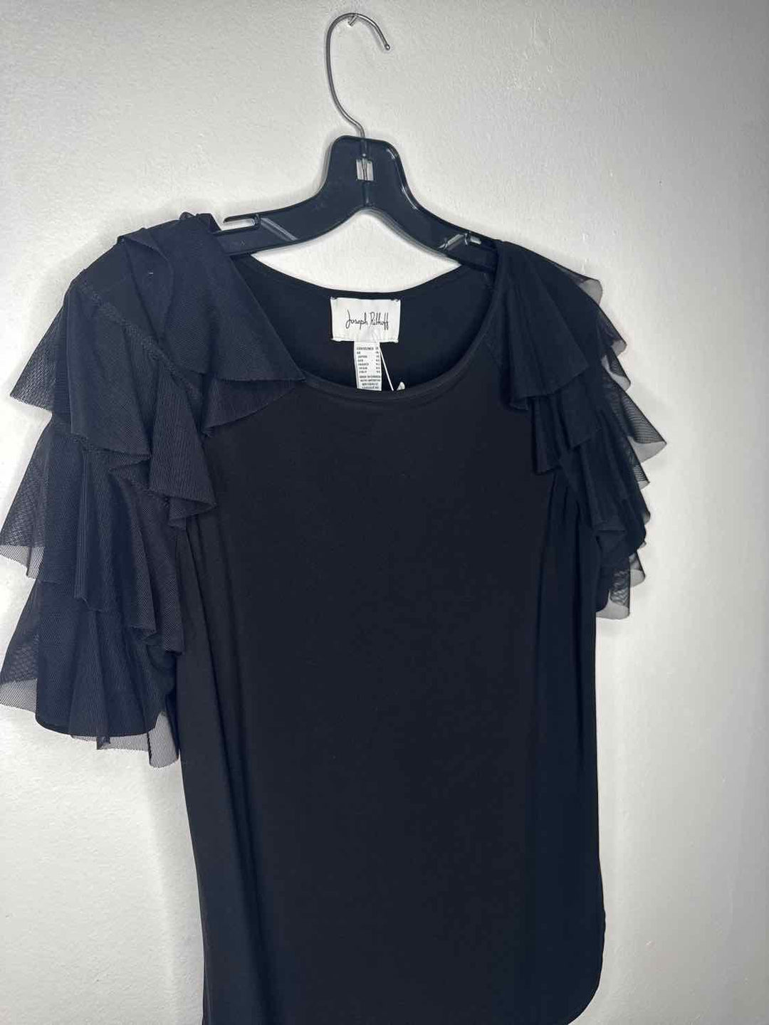 Joseph Ribkoff Size 12 Black Scoop Neck Flutter Sleeve short sleeve top