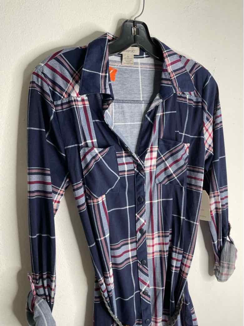 Passport Size M Blue Plaid long sleeve dress